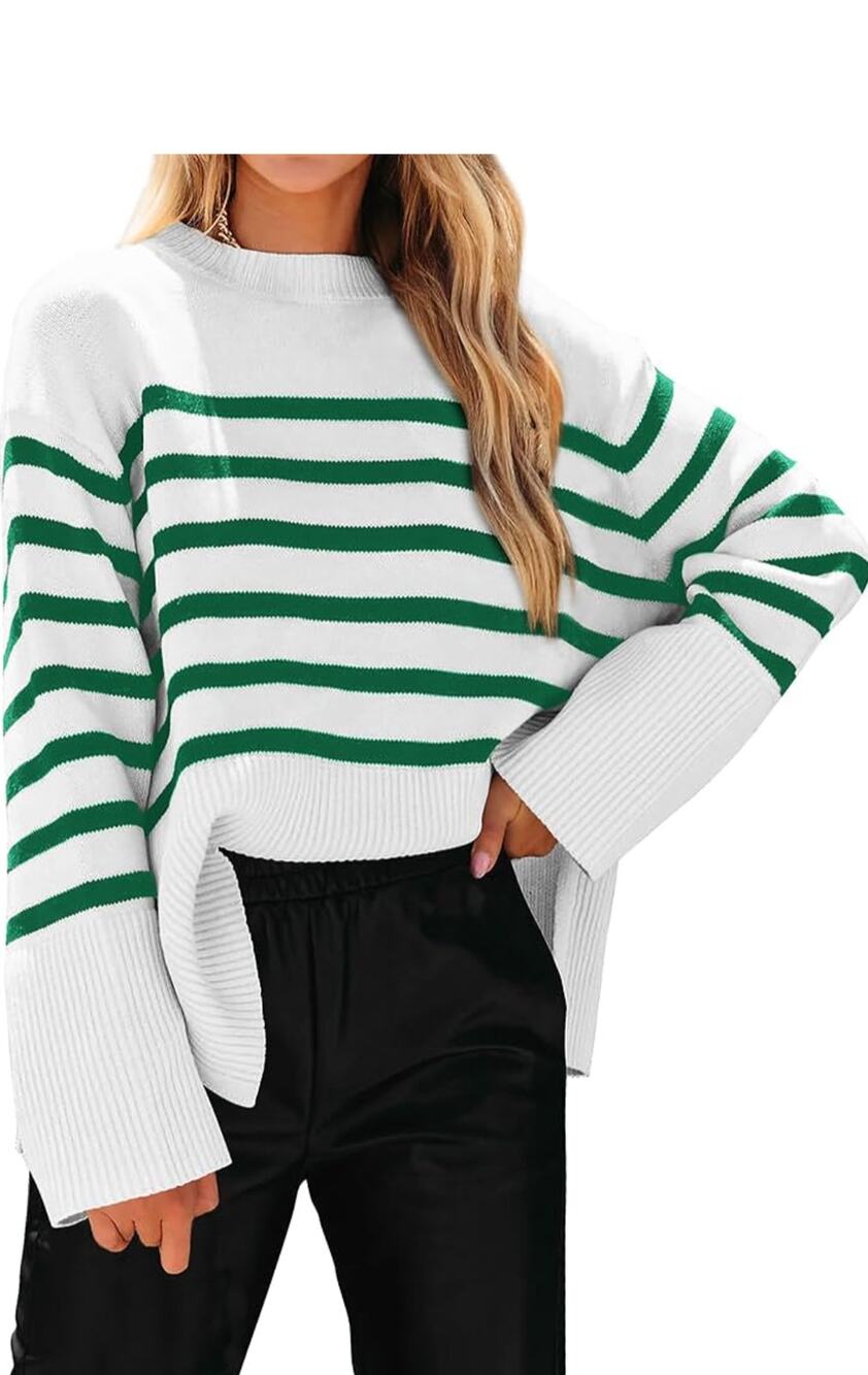KIRUNDO Oversized Long Sleeve Striped Sweater Ribbed Knit Side Slit Pullover XL